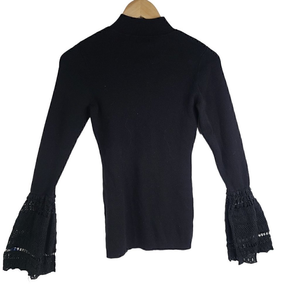 Who What Wear Black Mock Neck Ribbed Knit Crochet Thermal Sweater